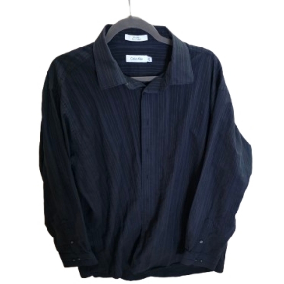 Calvin Klein Navy/Black Pinstriped Button Dow Shirt Mens Sz 18 34/35 100% Cotton - Picture 2 of 6